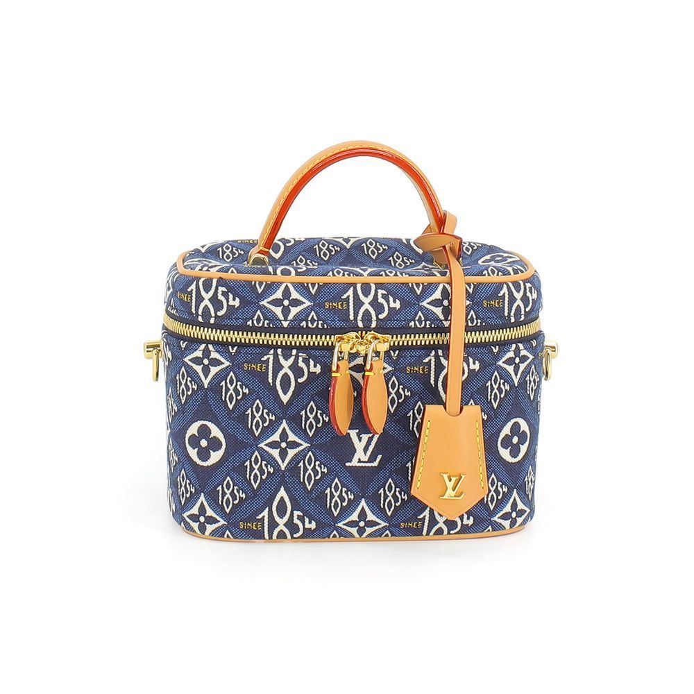 Vanity Bag Chain Shoulder Monogram Jacquard Leather Blue Gold